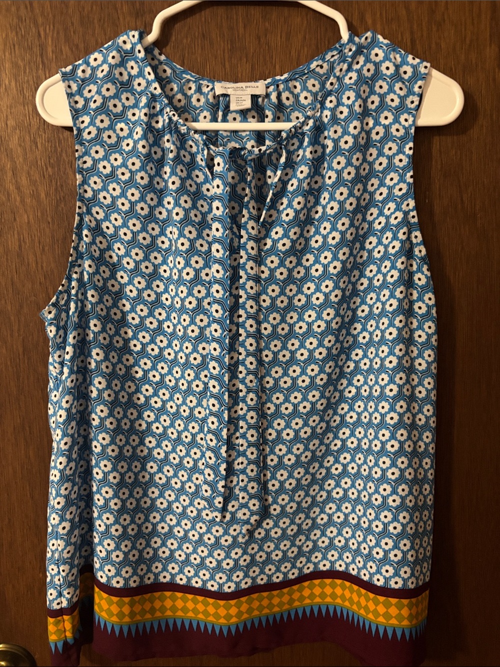 Carolina Belle Blue Floral Sleeveless Tie-Neck Camisole with Multicolor Hem